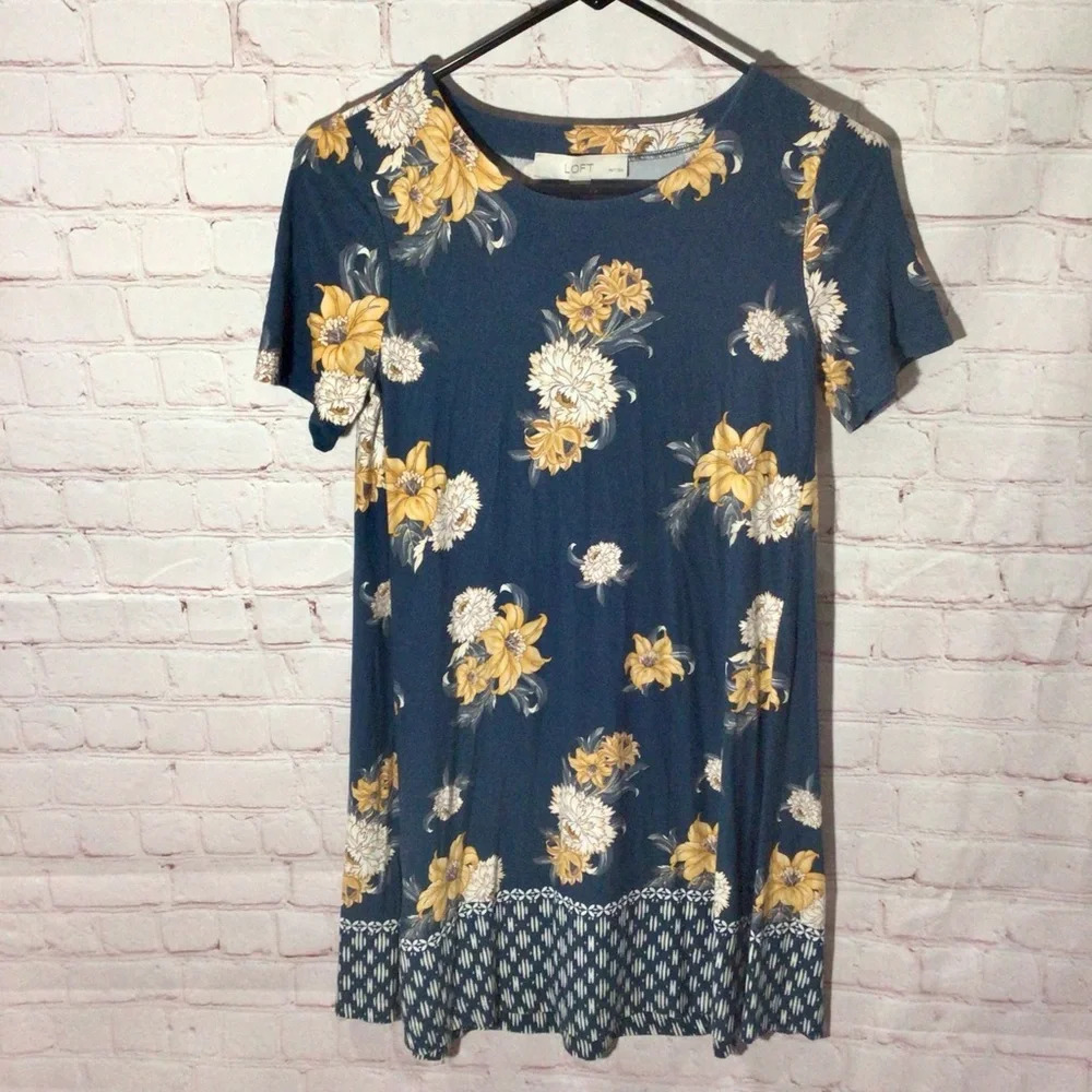 LOFT Blue and Yellow Floral Short Sleeve Crew Neck Midi Dress - Size XS Petite